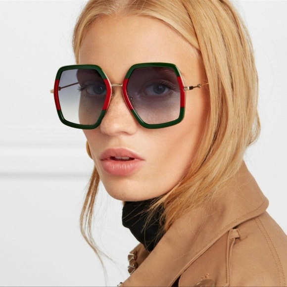 Gucci GG0106S 007 Sunglasses Green Red Gold Square Women